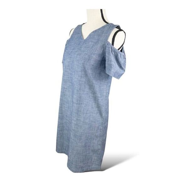 Land's End Cold Shoulder Chambray Dress With V-Neck & Short Sleeves Size 14 - Picture 1 of 14